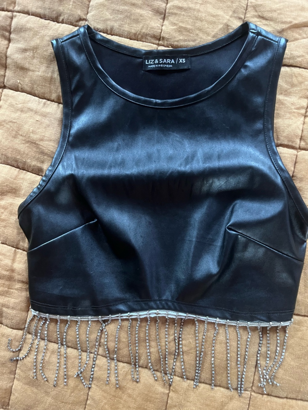 Faux leather Liz & Sara crop with sequin fringe